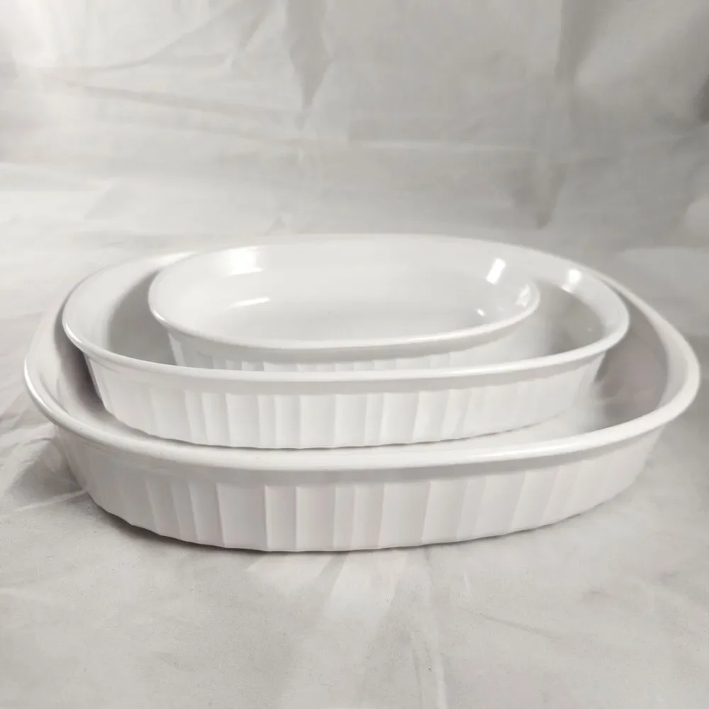 3 Corning Ware French White Oval Casseroles - 475ml F-15-B, 1L F-7-B, 1.8L F-6-B